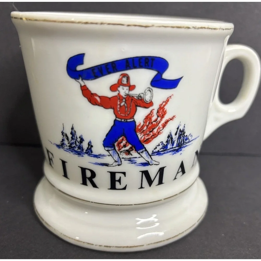 Fireman Occupational Shaving Mug White Gold Trim Vintage Ever Alert